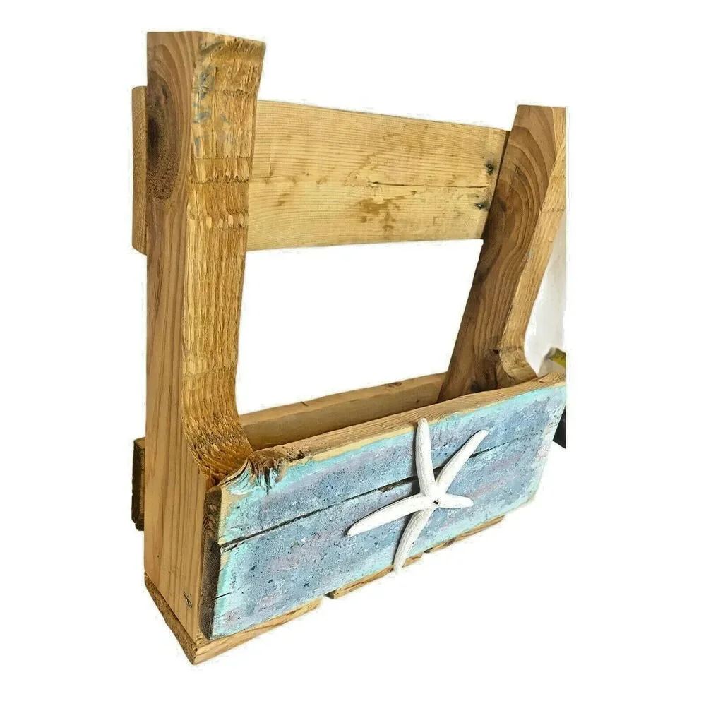 STARFISH Hand Painted Rustic BEACH Planter Box Reclaimed Wood Stand Shelf Bin